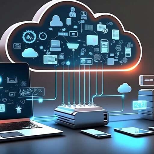 Cloud technology, computing. Devices connected to digital storage in the data center via the Internet, IOT, Smart Home Communication laptop, tablet, phone home devices with an online. (Generative AI).